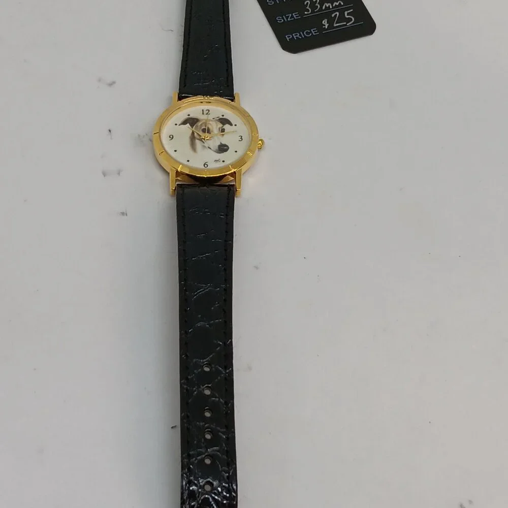 Greyhound 33mm Women's Gold Tone Black Leather Band Dog Watch